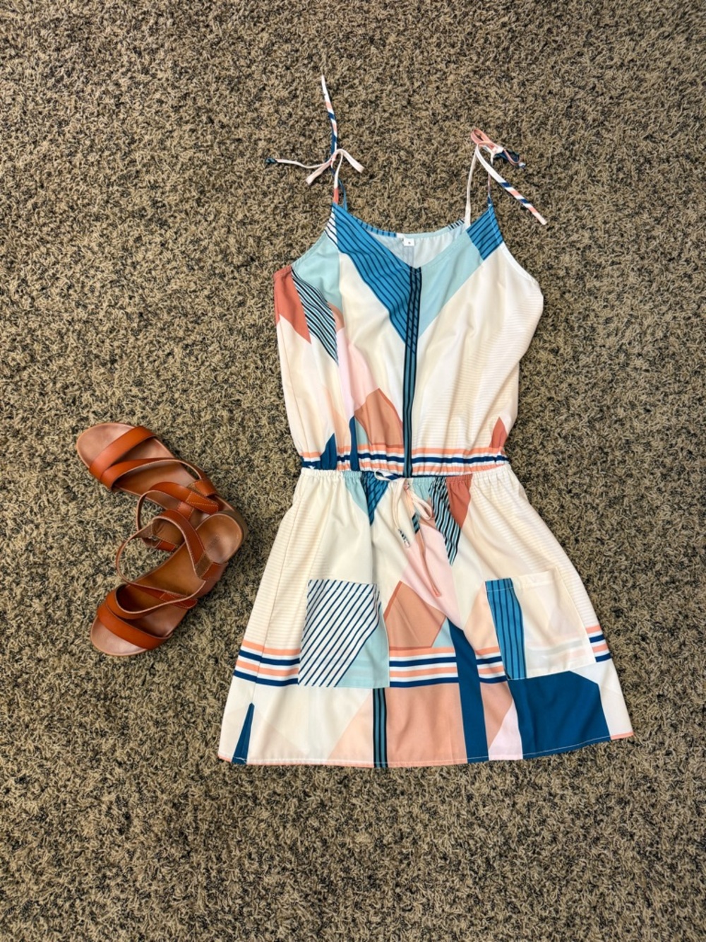 Geometric Print Tie-Shoulder Sundress in Coral, Teal & White